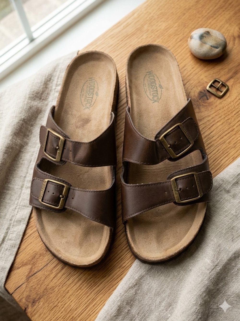 Men's Double Buckle Suede-Lined Slide Sandals in Brown